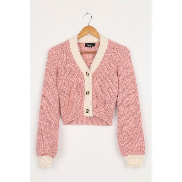 LuLu's Little Bit Of Sweetener Pink And Cream Cropped Cardigan Sweater Size Xs - Picture 3 of 10